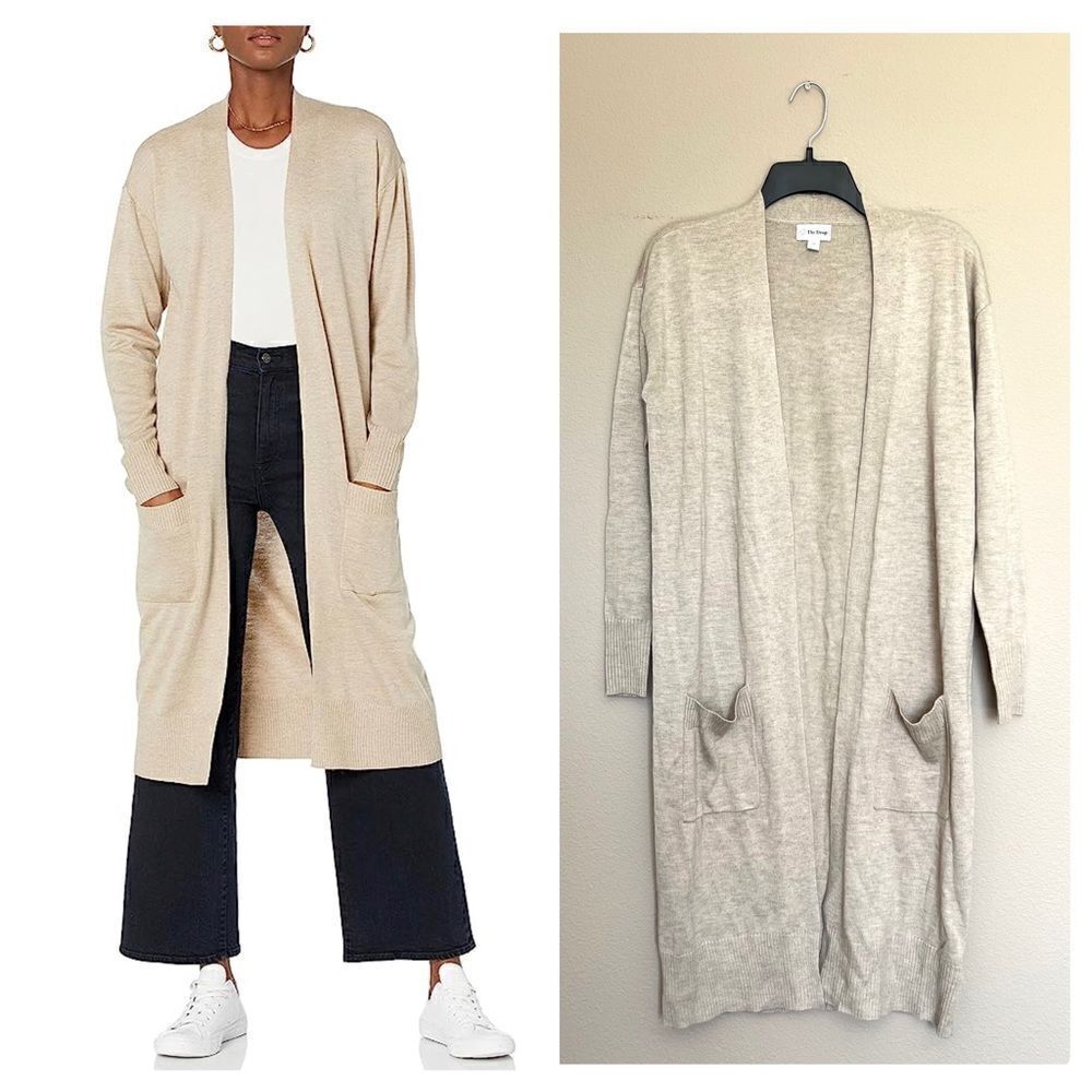 The Drop Beige Long Line Open Front Pocket Cardigan